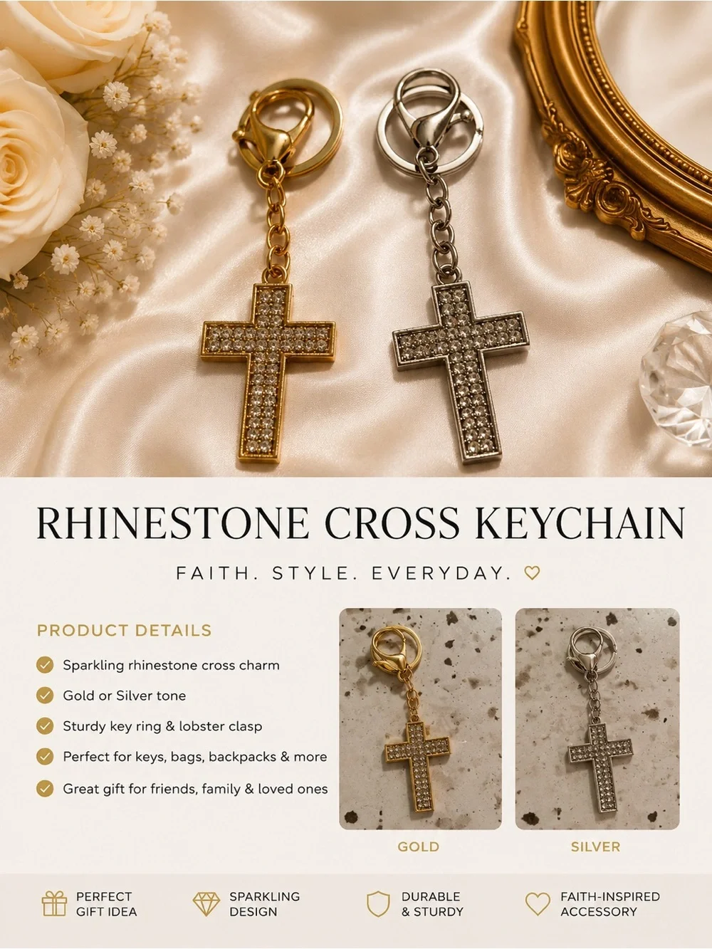 ✨ Rhinestone Cross Keychain | Gold & Silver | Faith-Inspired Bag Charm | ✨